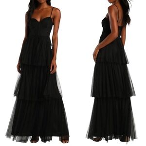 NWOT Lulus Tulle-y Amazing Black Tiered Tulle Bustier Maxi Gown Dress $99 Retail